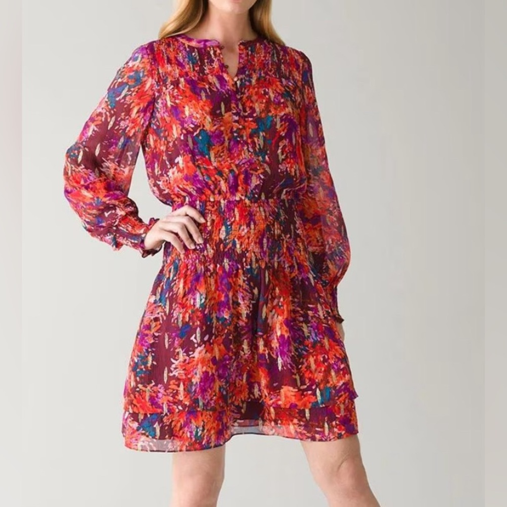 White House Black Market Long Sleeve Floral Print Smocked Blouson Dress, Size XL